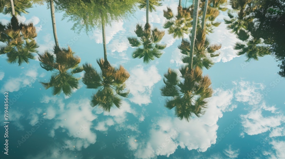Poster palm trees are reflected in a pool of water. perfect for tropical or relaxation-themed projects