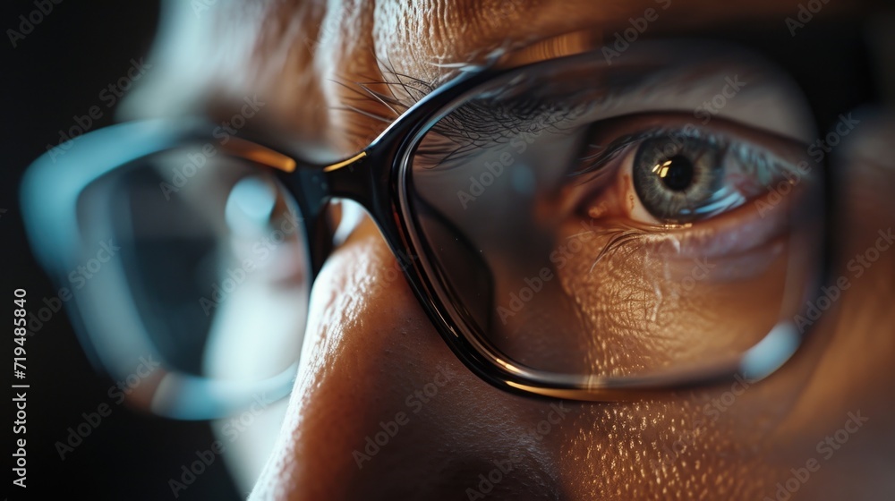 Poster a close-up shot of a person wearing glasses. suitable for use in various contexts