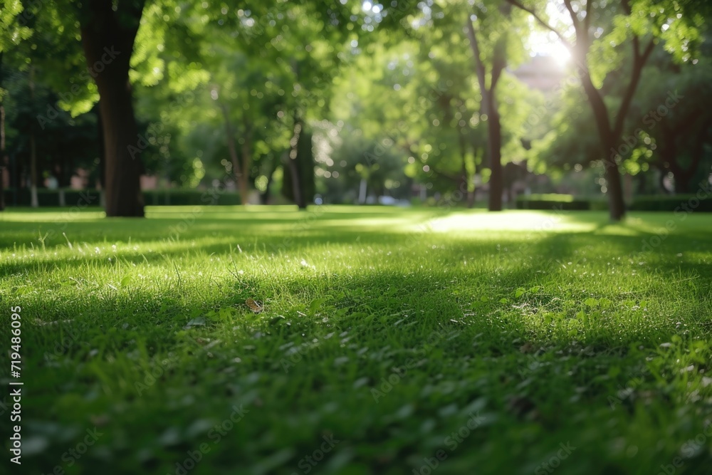 Poster a picture of a park with lush green grass and tall trees. suitable for various outdoor and nature-re