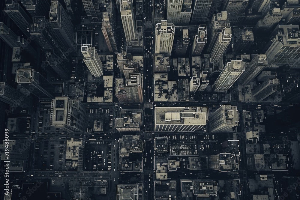 Poster a captivating black and white photograph capturing the essence of a city at night. this image is per