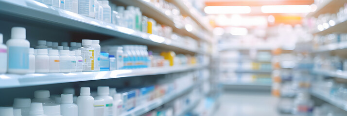 Blurred background of a pharmacy store. Pharmacist and medicine concept. - obrazy, fototapety, plakaty
