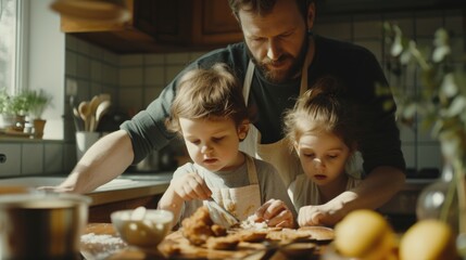 A man and two children are seen preparing food in a kitchen. This image can be used to showcase...