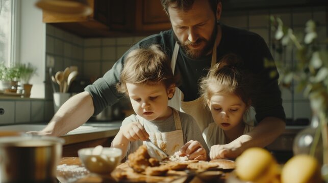 A man and two children are seen preparing food in a kitchen. This image can be used to showcase family cooking activities or to promote healthy eating habits
