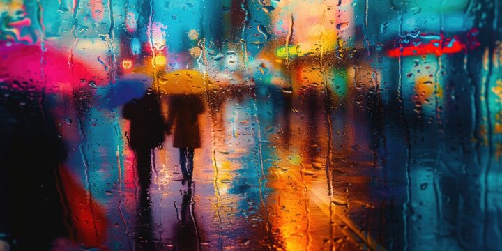 People walking in the rain, captured in a blurry image. Suitable for depicting a rainy day scene