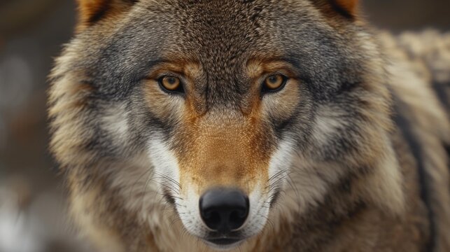 A close up view of a wolf's face with a blurry background. Perfect for wildlife enthusiasts and animal lovers