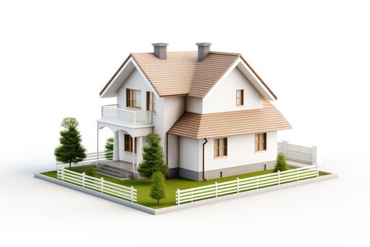 View of 3d house model on white background, isometric view small house model with solar panels isolated on white background, AI generated