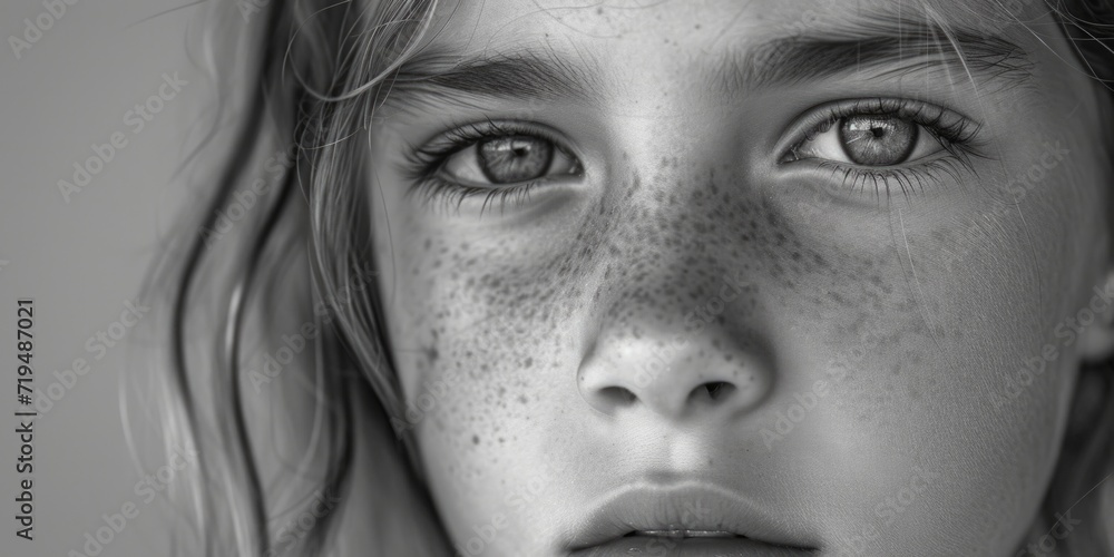Poster A close up image of a child with freckles on her face. Perfect for capturing the innocence and beauty of childhood.