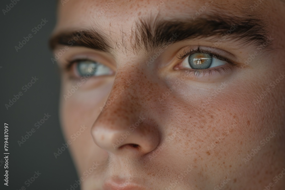 Poster a detailed close-up image capturing the unique facial features of a man with freckles. this photo ca