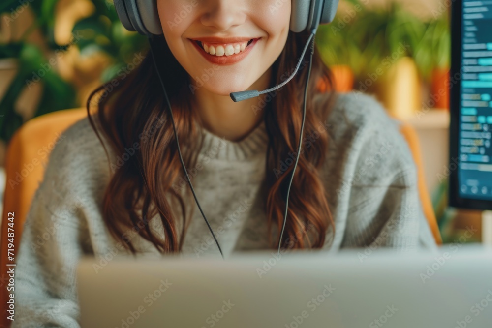 Poster A woman wearing a headset is sitting in front of a computer. This image can be used to represent customer service, call center, or remote work