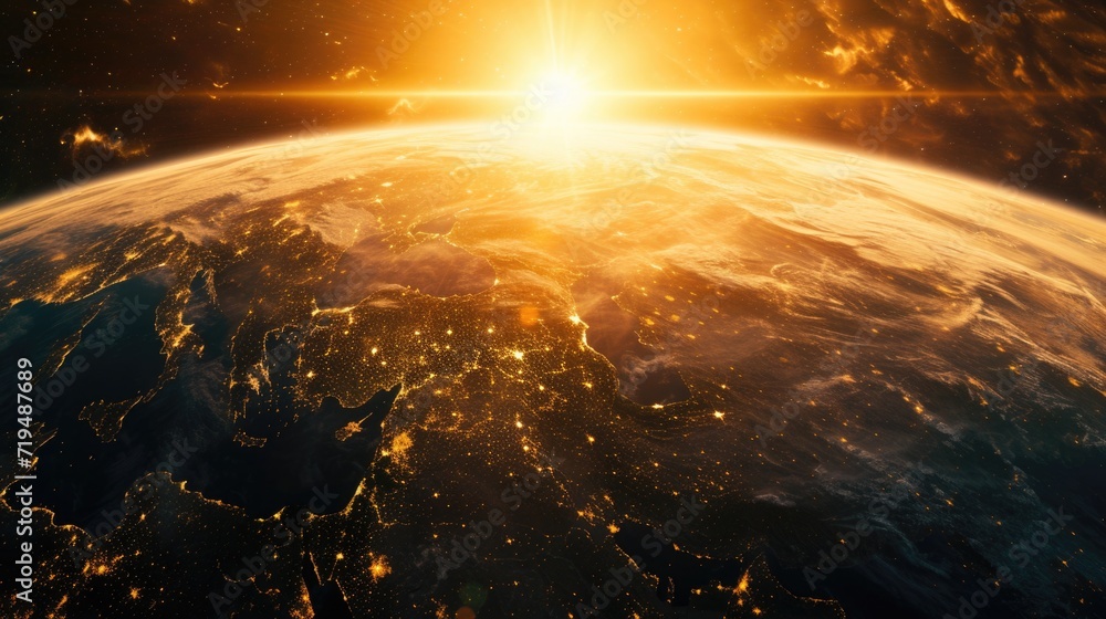 Poster a stunning view of the earth from space during sunset. perfect for science and astronomy-related pro