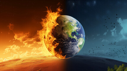 Burning earth and green earth to show global warming 