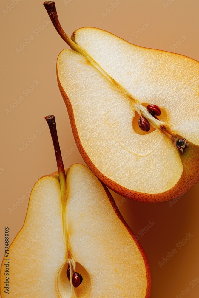 Poster A simple image of two halves of a pear placed on a table. Suitable for food-related designs and illustrations