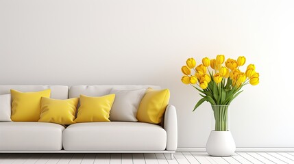 a bouquet of yellow tulips placed in a minimalist living room adorned with modern-style decor elements.