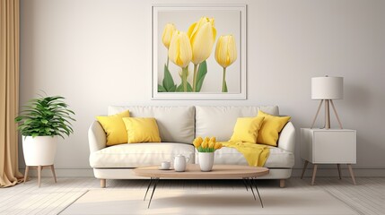 a bouquet of yellow tulips placed in a minimalist living room adorned with modern-style decor elements.
