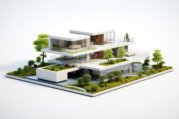 View of 3d house model on white background, Front view of a isolated modern house with a big lawn, AI generated