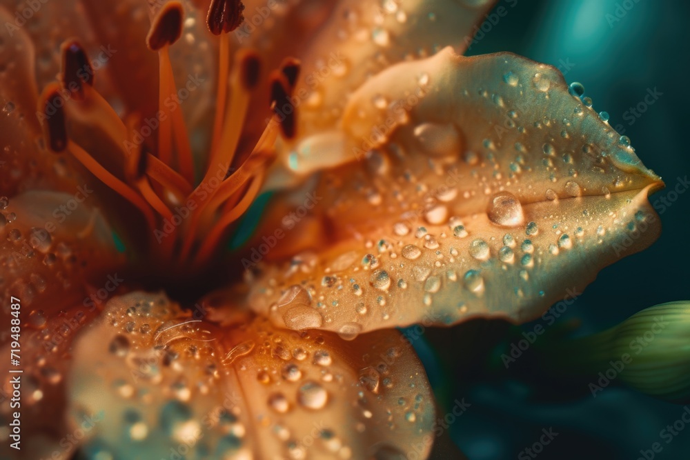 Poster a detailed close-up of a flower with glistening water droplets. perfect for adding a touch of freshn