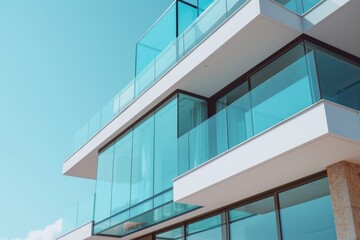 A tall building with glass balconies. Ideal for architectural designs and urban landscapes