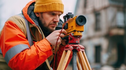 A man holding a camera on a tripod. This image can be used for photography, technology, or creative projects