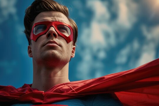 A picture of a man wearing a red cape and goggles. Can be used for superhero or costume themes