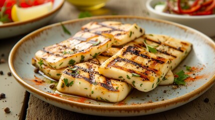 Grilled halloumi for cheese lovers. Halloumi with golden crust and attractive marks in a culinary mastery. Cheese with a caramelized exterior and soft interior. - obrazy, fototapety, plakaty