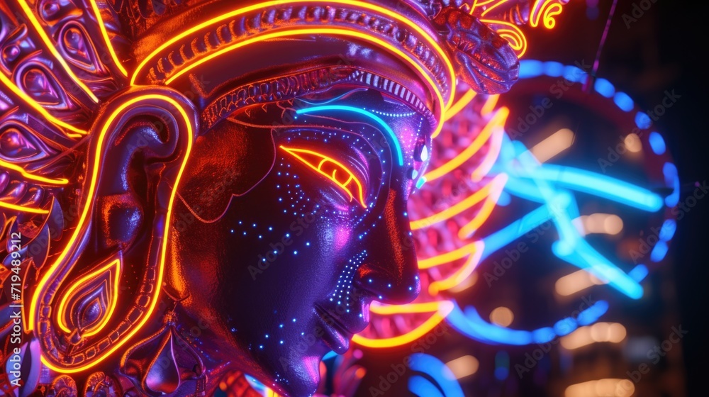 Poster A close-up view of a statue illuminated by vibrant neon lights. Perfect for adding a pop of color and intrigue to any project