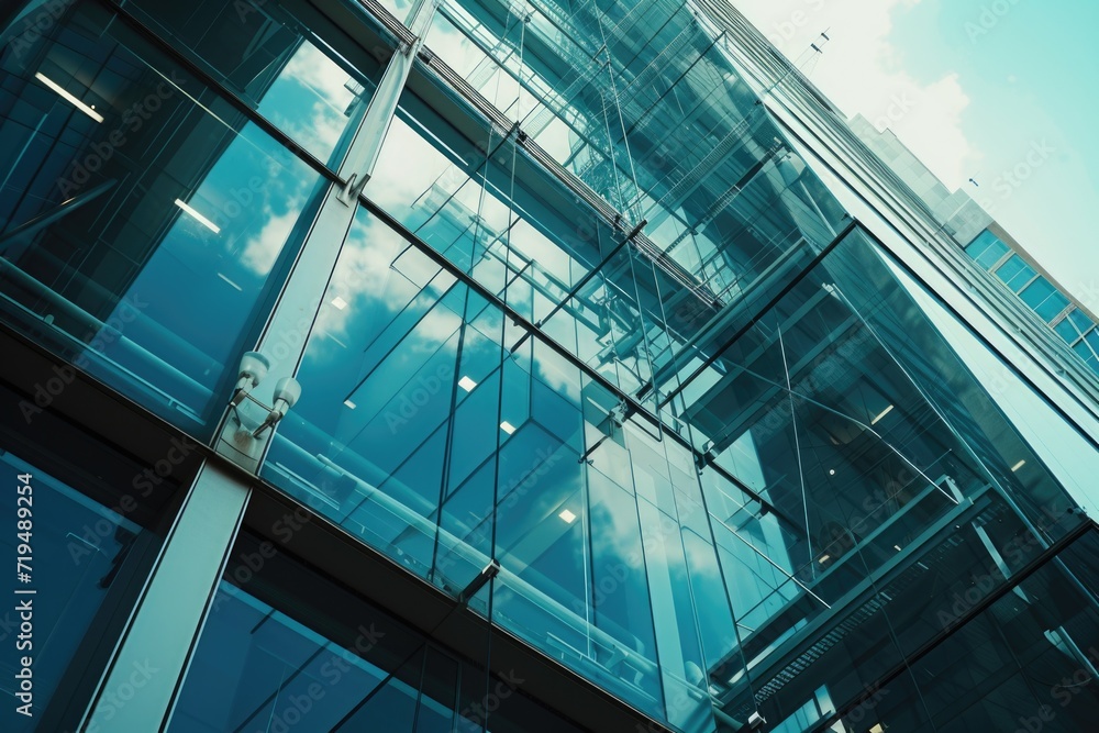 Poster a glass building with a prominent clock displayed on the exterior. suitable for business, time manag