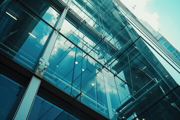 Obraz premium A glass building with a prominent clock displayed on the exterior. Suitable for business, time management, and urban architecture concepts