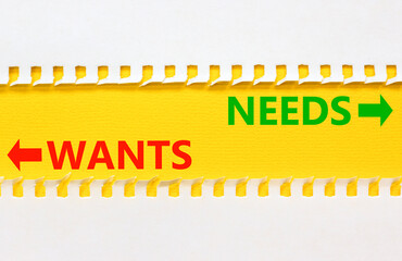Needs or wants symbol. Concept word Needs or Wants on beautiful yellow paper. Beautiful white paper...