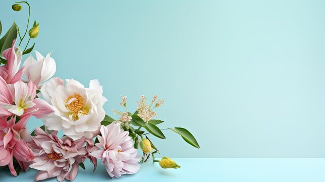 a beautifully crafted bouquet of flowers, strategically leaving ample copy space to serve as an inviting canvas for personalized greetings or well-wishes.