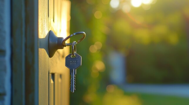 A detailed close-up of a key on a door. This versatile image can be used to represent security, access, home ownership, or the concept of unlocking opportunities
