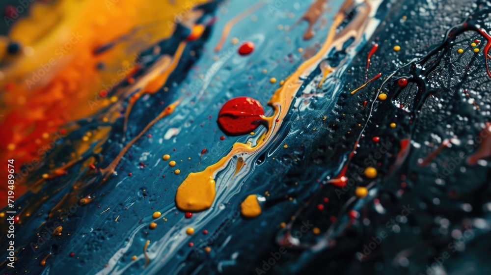 Poster A close-up view of a painting featuring a prominent red button. This image can be used to add a pop of color and intrigue to various design projects