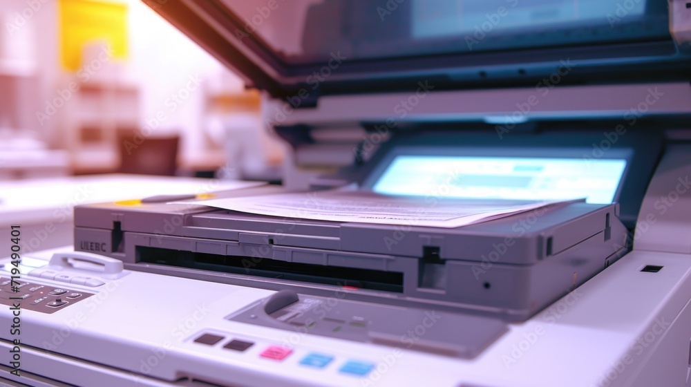 Poster a detailed close-up of a printer on a desk. this image can be used for various purposes