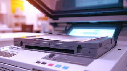 A detailed close-up of a printer on a desk. This image can be used for various purposes