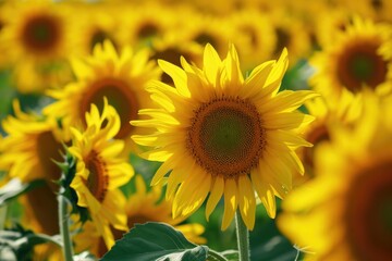 Fototapeta premium A vibrant field of yellow sunflowers with lush green leaves. Perfect for adding a touch of nature and beauty to any project