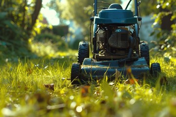 A lawn mower sitting in the grass, suitable for gardening and landscaping projects