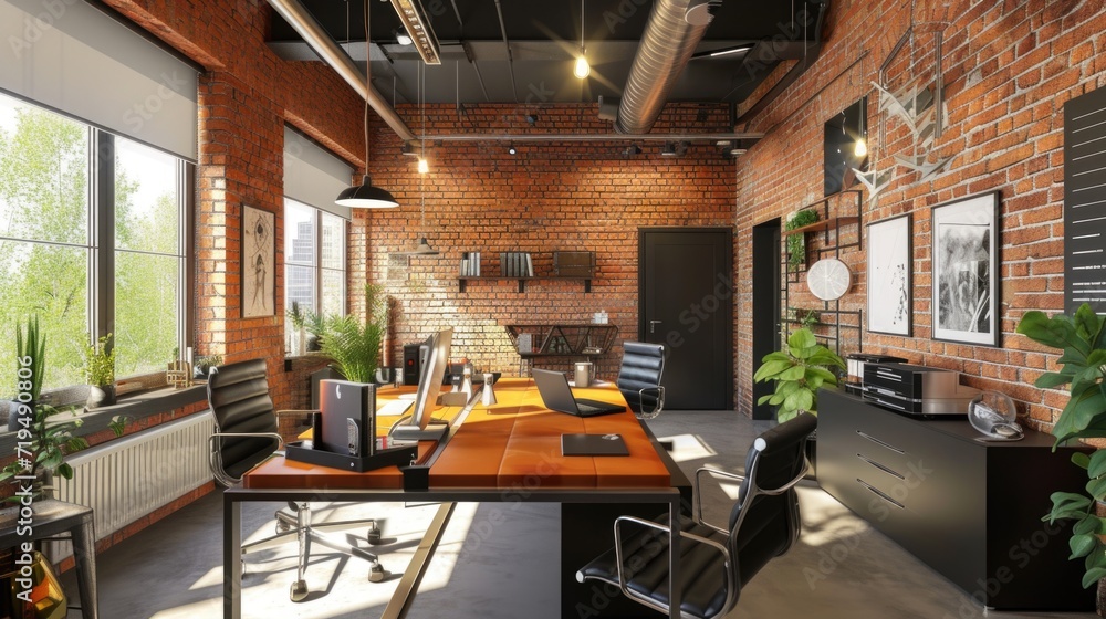Poster an office space with a brick wall and a desk. suitable for business or workspace concepts