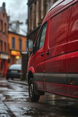 A red van parked on a wet street. Suitable for transportation and urban scenes