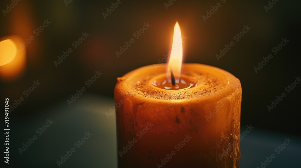 Poster A simple image of a lit candle placed on top of a table. Suitable for various uses