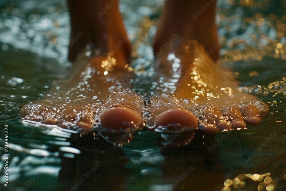 Poster close up of a person's feet submerged in water. ideal for showcasing relaxation or enjoying a beach 