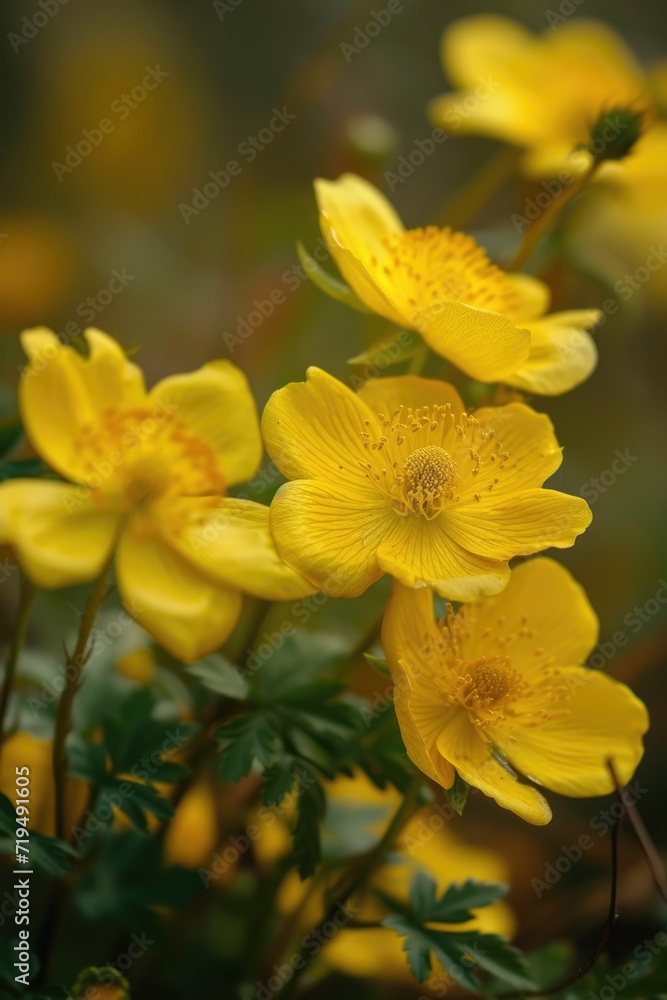 Poster a bunch of yellow flowers with green leaves. perfect for adding a pop of color to any project