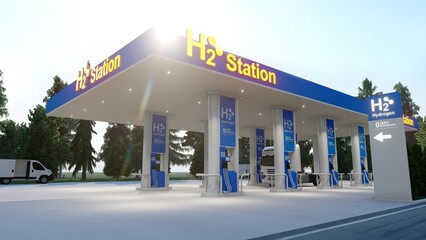 Hydrogen fuel car charging station white color visual concept design. Power chargering station.	

