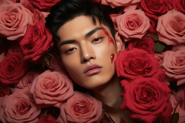 Dramatic portrait of an Asian man amidst pink and red roses with striking red liquid artfully accentuating his face.
