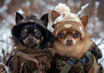 A Portrait of a Two Chihuahua's  Wearing Military Outfit in the Snow