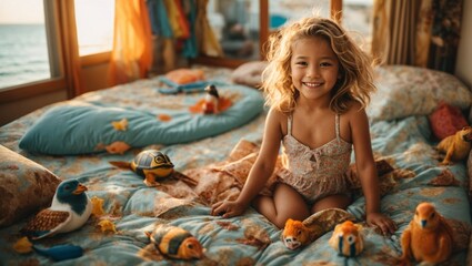 Fototapeta premium Smiling girl in a mermaid themed bed room