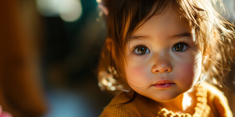 Toddler with large, luminous eyes, her face softly lit in a cozy, sun-drenched setting