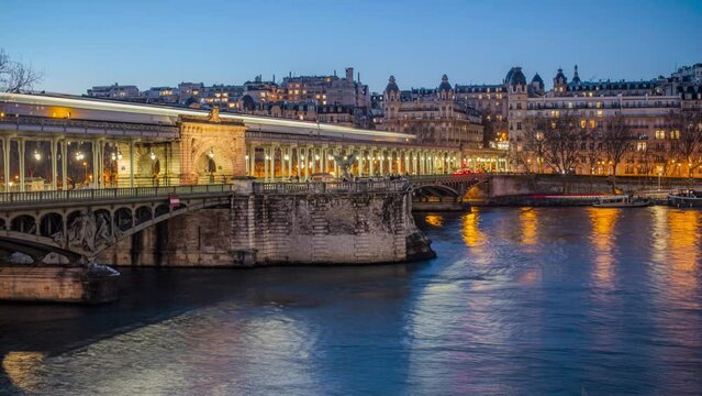 France, Paris, Famous Bir Hakeim Bridge in Seine River. Day timelapse