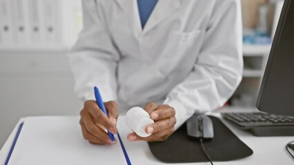 African american woman pharmacist analyzing medication in a modern laboratory setting.