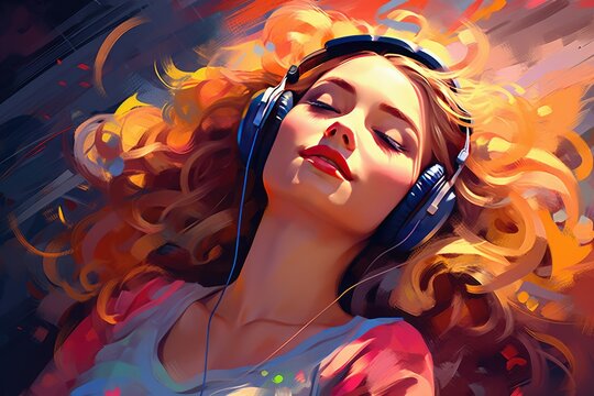 Portrait of a beautiful young laughing woman with headphones listening to music. Happy fashionable girl, Beautiful young woman listening to music with headphones, AI generated