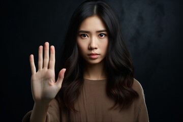 Close up focus woman show palm hand opposes racial or gender discrimination, make stop gesture,...