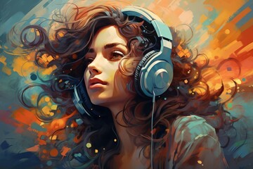 Portrait of a beautiful young laughing woman with headphones listening to music. Happy fashionable girl, Beautiful young woman listening to music with headphones, AI generated - obrazy, fototapety, plakaty